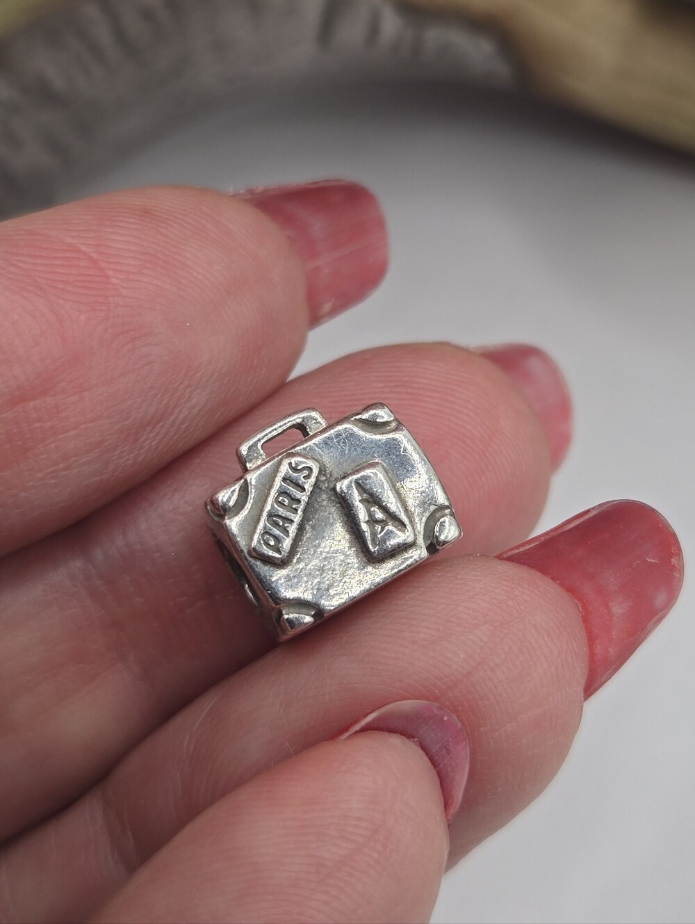 Pandora Silver Paris Suitcase Charm with Pink Accents
